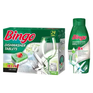 قرص ماشین ظرفشویی بینگو مدل ALL IN ONE بسته 24 عددی به همراه ژل ماشین ظرفشویی بینگو مدل 8x وزن 900 گرم