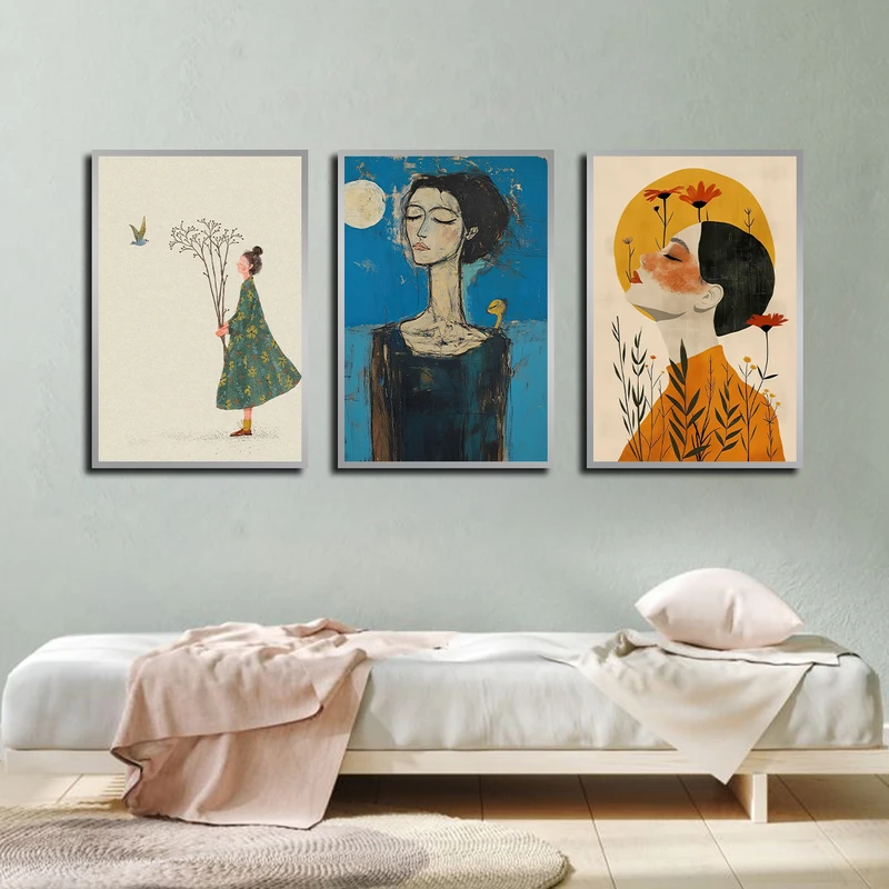 تابلو بکلیت طرح نقاشی دکوراتیو چهره و دخترانه مدل SI-3707 فریم نقره ای مجموعه 3 عددی