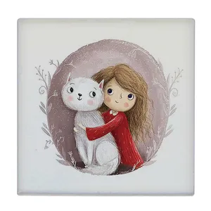  زیر لیوانی  طرح نقاشی دختر بچه و گربه کد    6167474_5537