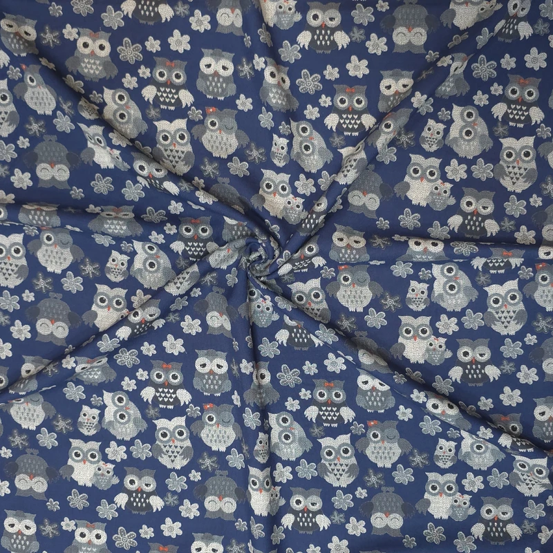 پارچه لباس عرض 1.5 متر مدل شانتون نخ اندونزی طرح جغد رنگ آبی تیره