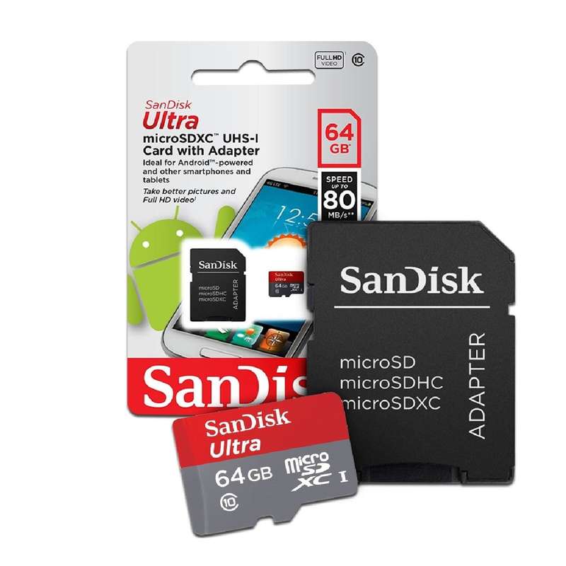 کارت حافظه microSDXC سن دیسک مدل Ultra کلاس10 و A1 استاندارد UHS-I U1 سرعت 80MBps 320X همراه با آداپتور SD ظرفیت 64 گیگابایت کارت حافظه microSDXC سن دیسک مدل Ultra کلاس10 و A1 استاندارد UHS-I U1 سرعت 80MBps 320X همراه با آداپتور SD ظرفیت 64 گیگابایت