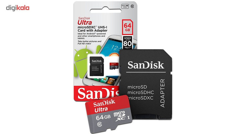 کارت حافظه microSDXC سن دیسک مدل Ultra کلاس10 و A1 استاندارد UHS-I U1 سرعت 80MBps 320X همراه با آداپتور SD ظرفیت 64 گیگابایت