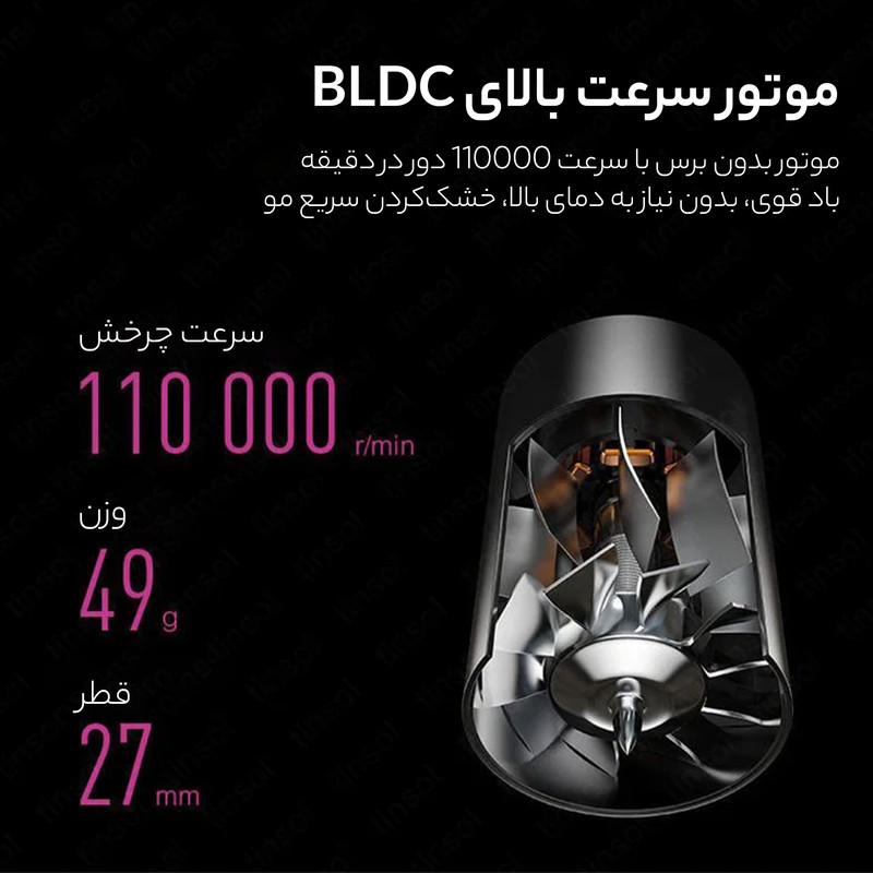 سشوار حرفه‌ای انزو پروفیشینال مدل dy-888 با موتور مافوق صوت، توان 1600 وات، تنظیم دما و سرعت سه حالته، خشک شدن سریع، صدای کم، همراه با 5 نازل متنوع برای حالت‌دهی و ضد ریزش مو