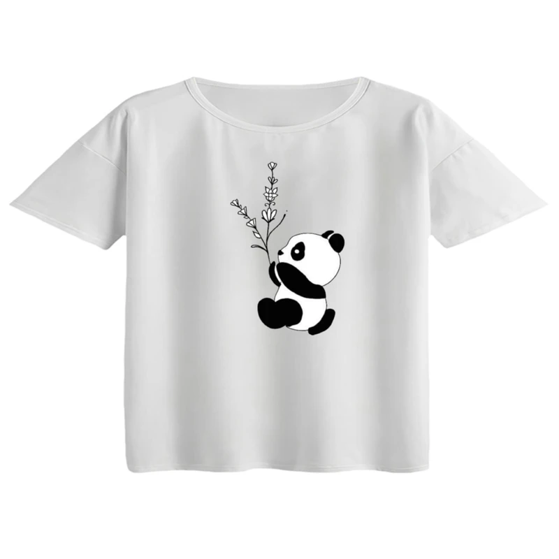 کراپ تی‌شرت آستین کوتاه زنانه مدل پاندا و گل