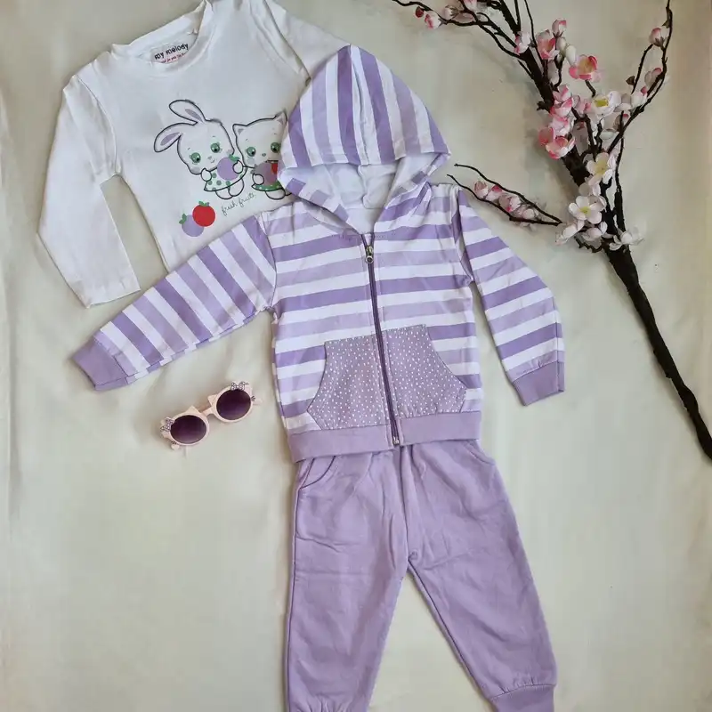 ست 3 تکه لباس دخترانه مدل راه راه رنگ بنفش