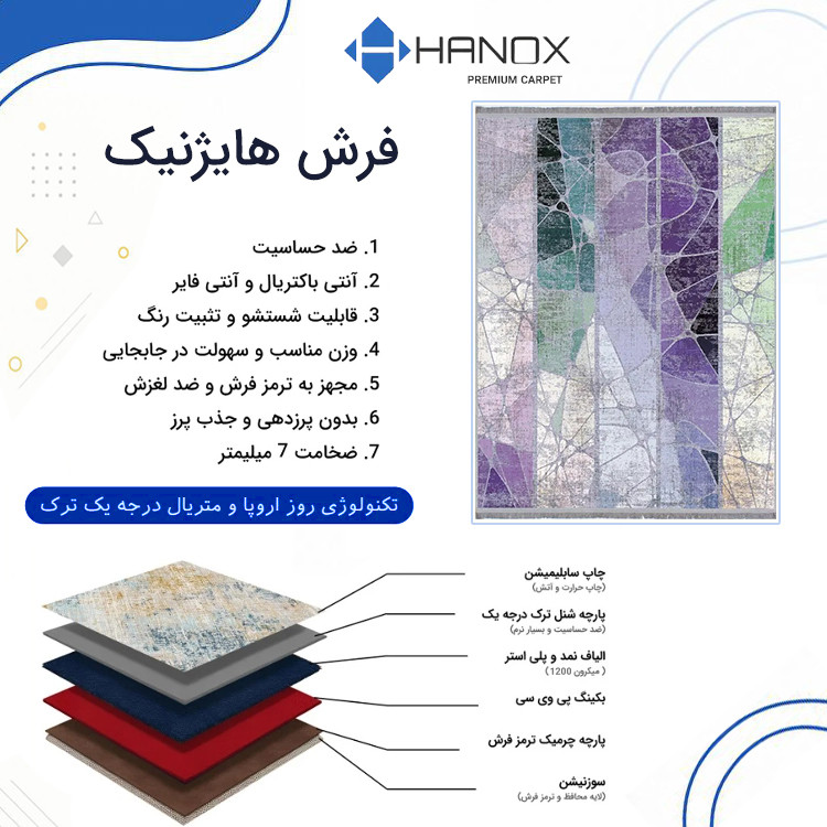 فرش ماشینی 1000 شانه هانوکس زمینه بنفش حاشیه چند رنگ مدل مینیمال کد HANM.0023.1