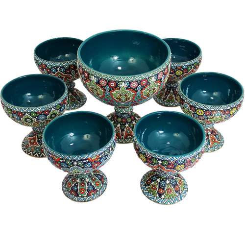 مجموعه ظروف هفت سین سفالی گالری دست نگار طرح میناکاری 7 پارچه