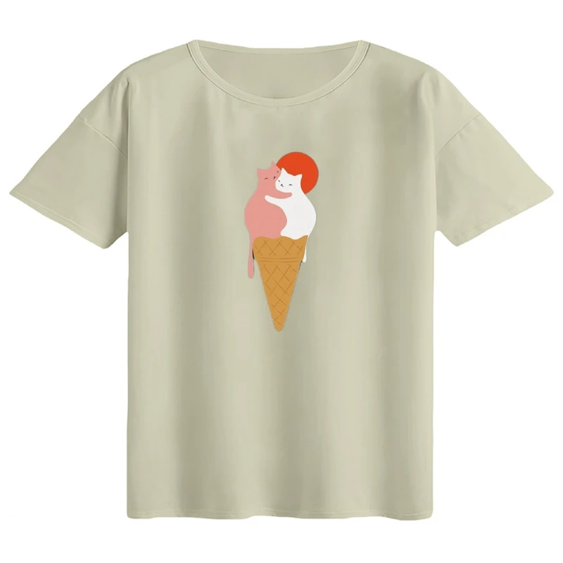 تی‌شرت اورسایز آستین کوتاه زنانه مدل باکسی طرح بستنی گربه ای