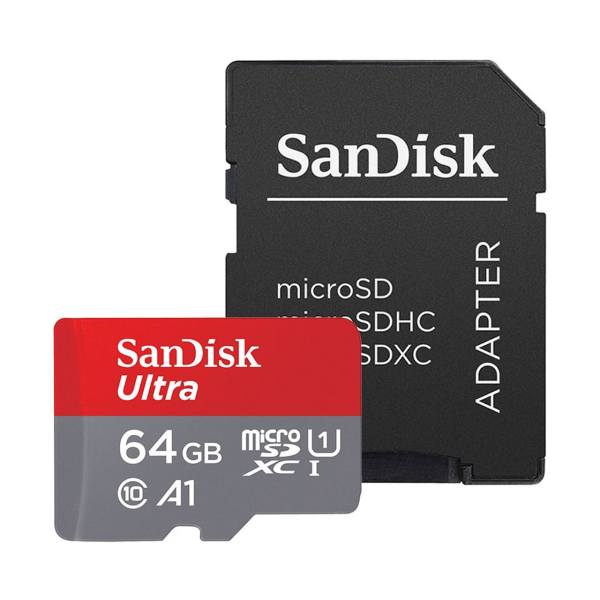  کارت حافظه microSDXC سن دیسک مدل Ultra A1 کلاس 10 استاندارد UHS-I سرعت 100MBps ظرفیت 64 گیگابایت به همراه آداپتور