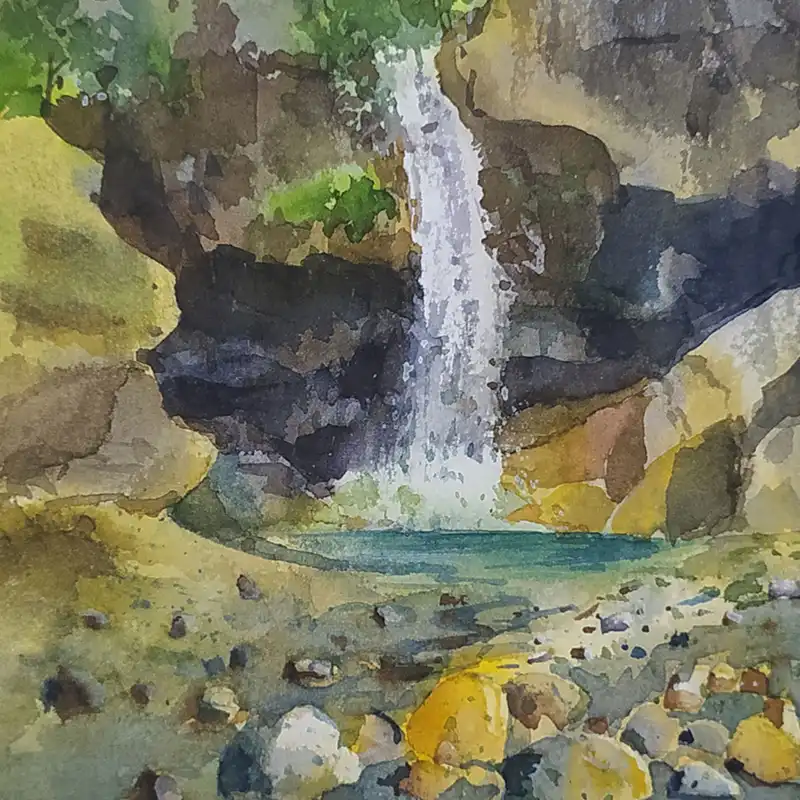 نقاشی آبرنگ طرح آبشار کد 62