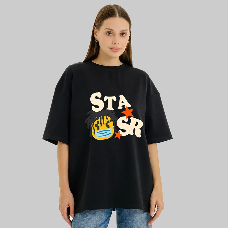 تی شرت باکسی زنانه مدل نخ آستین سه ربع طرح stars