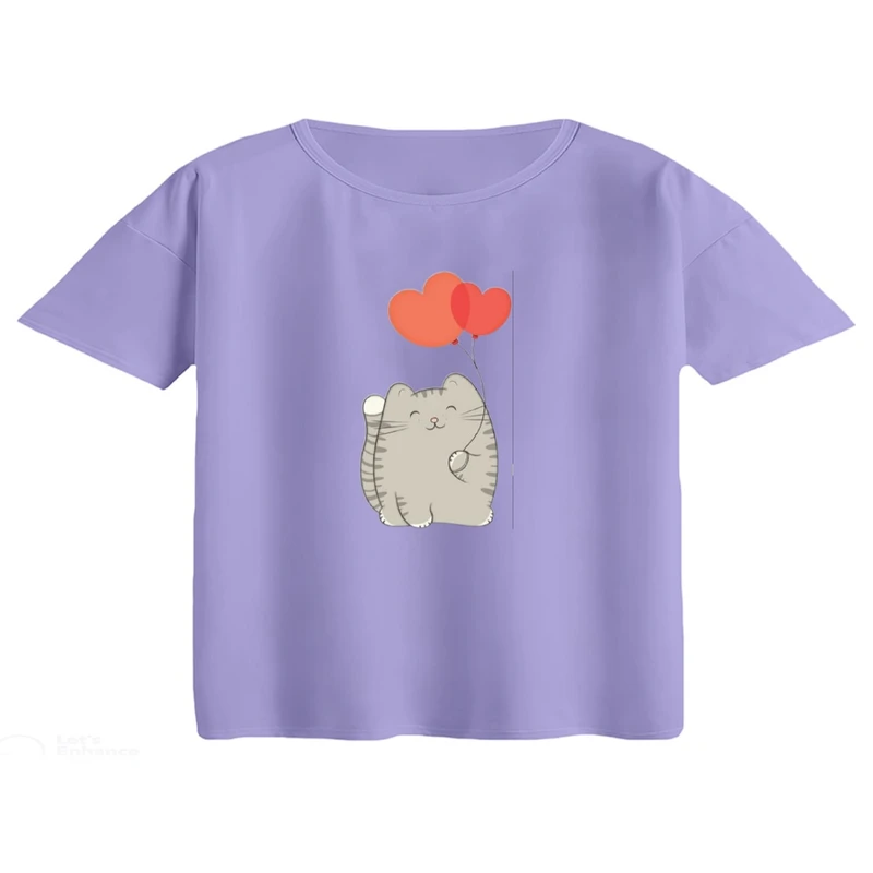 کراپ تی‌شرت آستین کوتاه زنانه مدل گربه و بادکنک قلبی