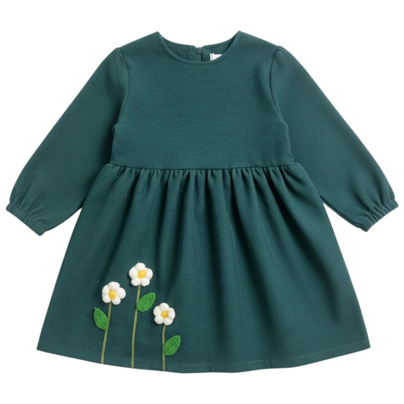 پیراهن آستین بلند یقه باز دخترانه مدل پائین سه گل653-1