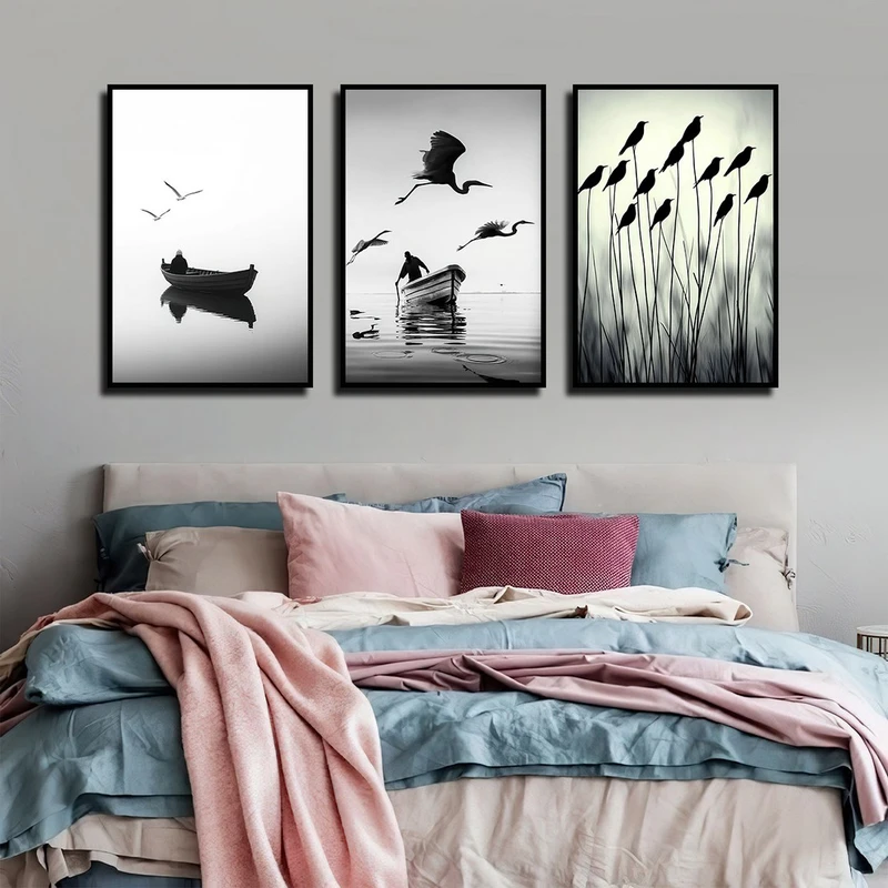 تابلو بکلیت طرح دریا و قایق و پرندگان  مدل B-4032 فریم مشکی مجموعه 3 عددی