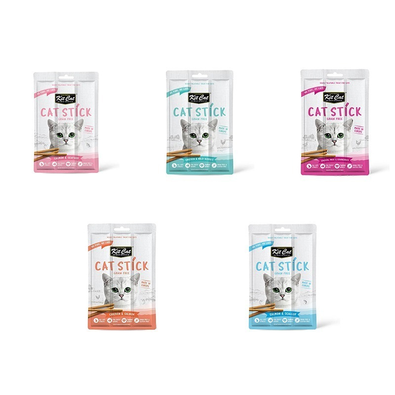 تشویقی گربه کیت کت مدل مدادی طعم ماهی، مرغ و اردک بسته 5 عددی