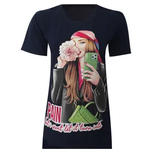 تی شرت آستین کوتاه زنانه مدل نخی ویسکوز چاپی کد tm-2183 رنگ سرمه ای