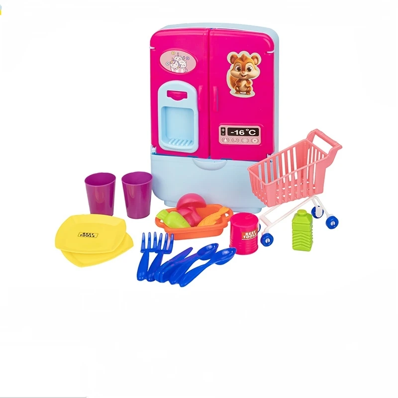 اسباب بازی ست یخچال با چرخ خرید و ظروف آشپزخانه مدل پاپیون