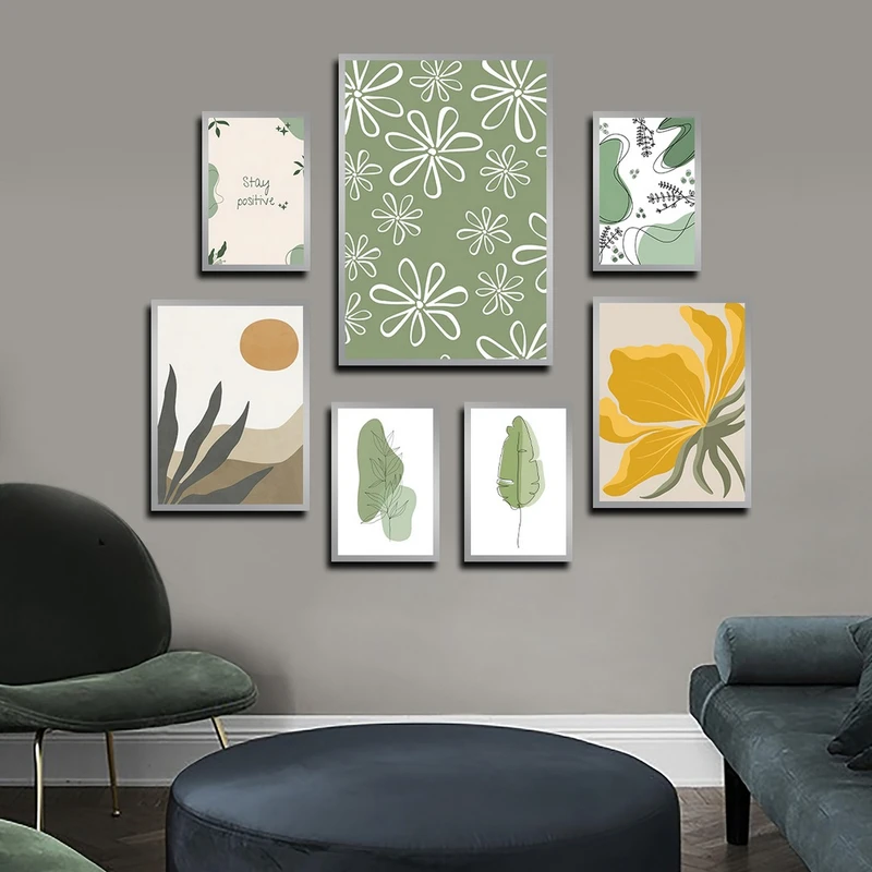 تابلو بکلیت طرح نقاشی گل و برگ مدل SI-3973 فریم نقره ای مجموعه 7 عددی