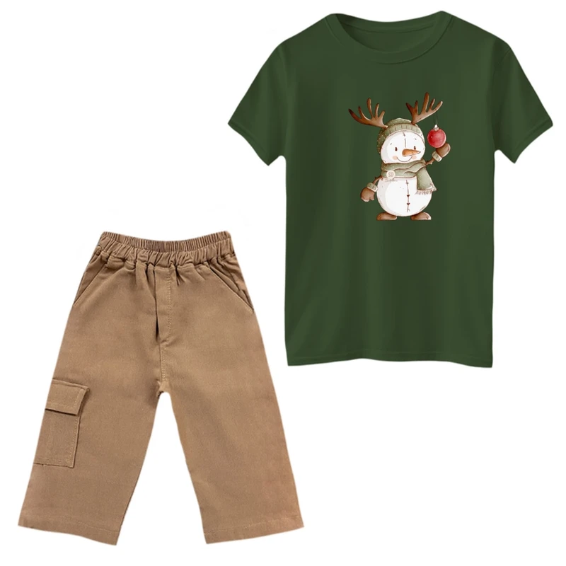 ست تی‌شرت و شلوارک دخترانه مدل آدم برفی شاخدار رنگ یشمی