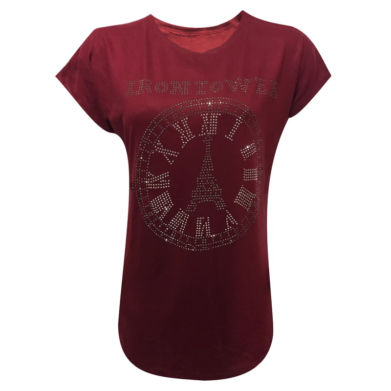 تی شرت آستین کوتاه زنانه مدل نگینی tm-2874 رنگ زرشکی 