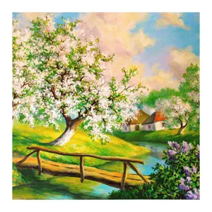 تابلو شاسی مدل R1010 طرح نقاشی منظره بهار و شکوفه و کلبه