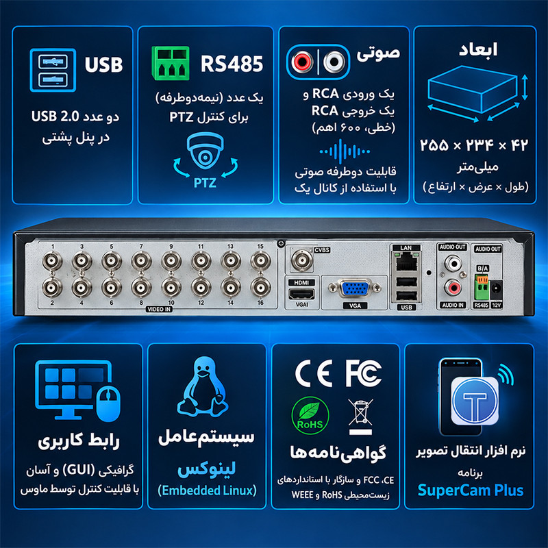 ضبط کننده ویدیویی تی وی تی 16 کانال پنج مگاپیکسل مدل NTD-2116NS-HC-H