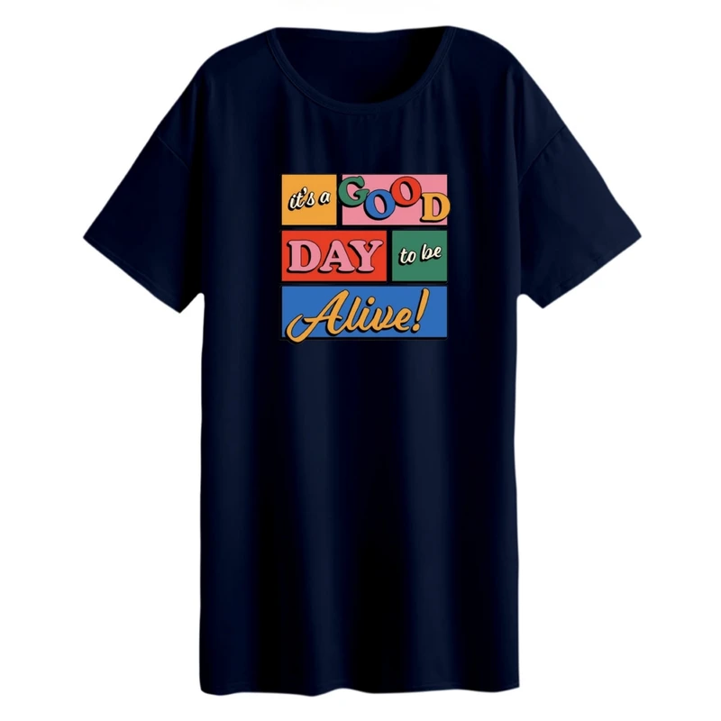 تی شرت لانگ زنانه مدل نوشته رنگی رنگ سرمه ای