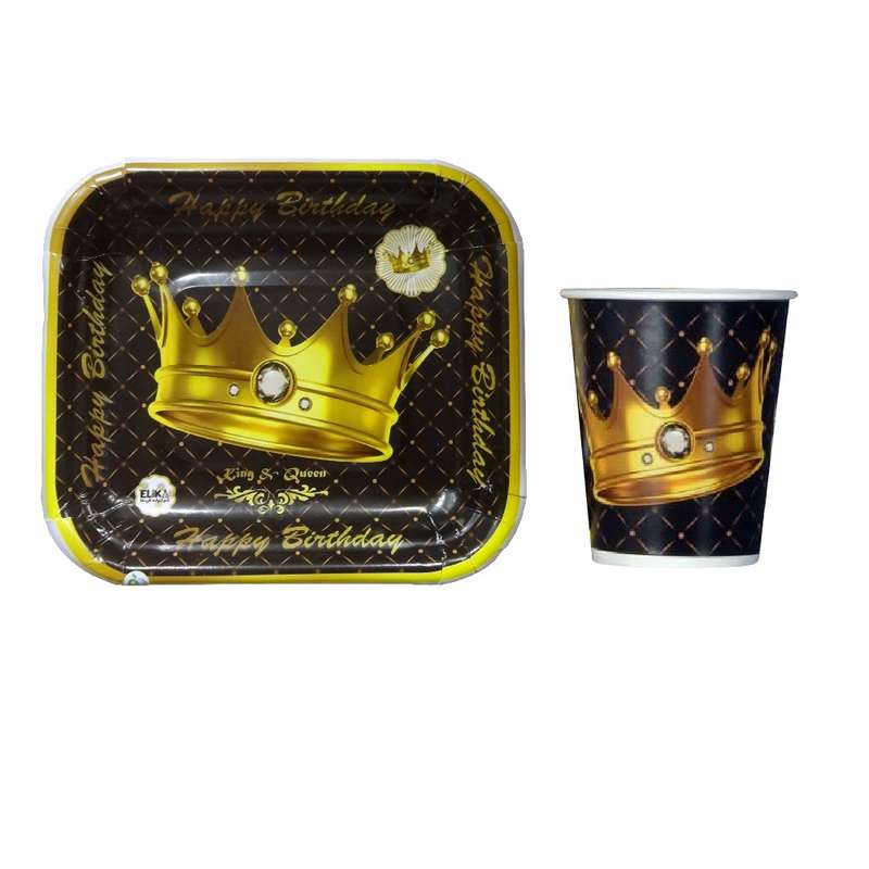 پیش دستی و لیوان یکبار مصرف الیکا طرح تاج بسته 20 عددی