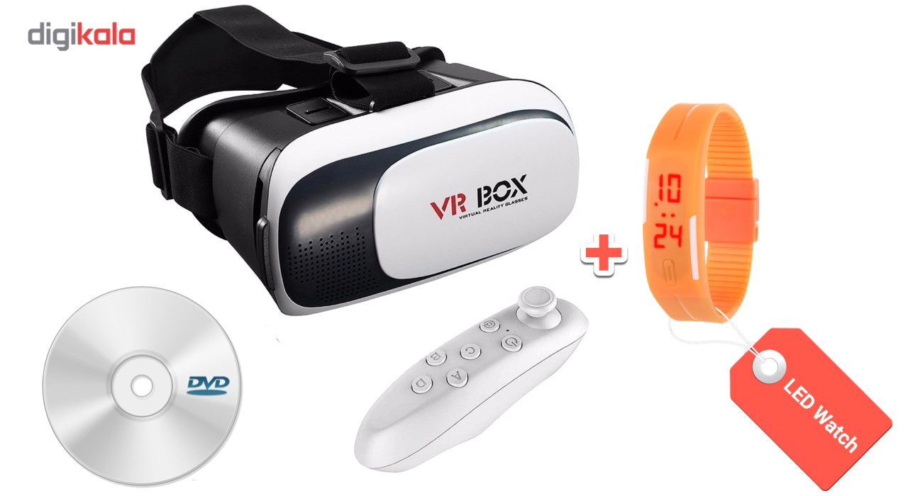 هدست واقعیت مجازی وی آر باکس مدل VR Box 2 به همراه ریموت کنترل بلوتوث و DVD  حاوی اپلیکیشن و LED Watch هدیه