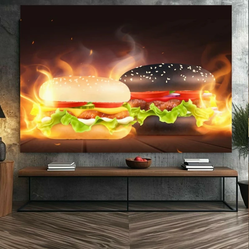 تابلو بوم طرح مخمل همبرگر مدل آتشین کد GR1499