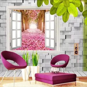 پوستر دیواری سه بعدی مدل دیوار سفید پنجره درخت صورتی آویز برگ DVRF1524