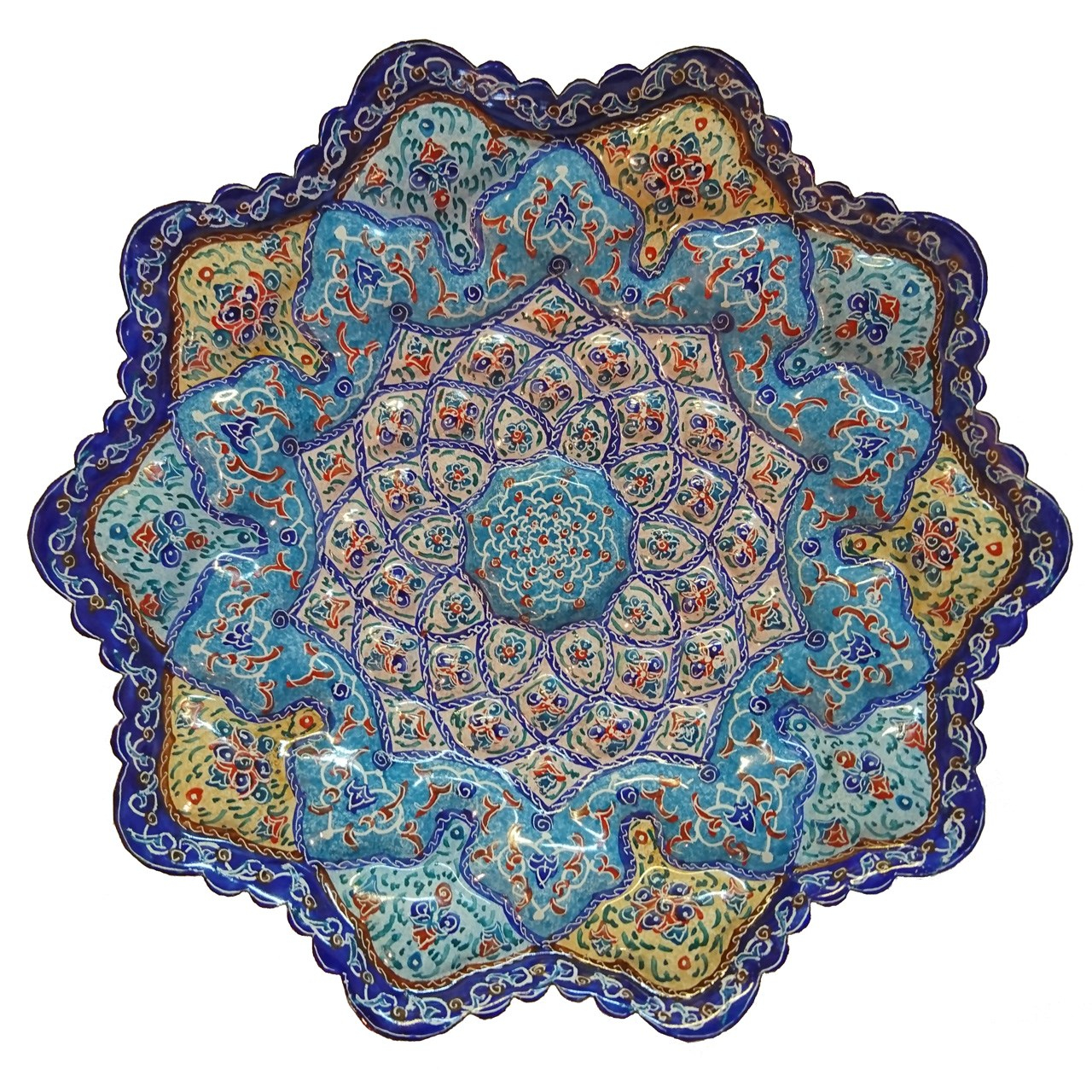 بشقاب مسی میناکاری شده آهوصا طرح اسلیمی کد 02 قطر 20 سانتی متر