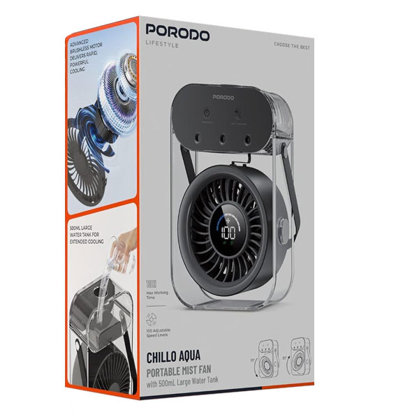 پنکه‌ شارژی رومیزی پرودو مدل PDLFSTZH26BK Aqua ظرفیت 4000 میلی آمپر ساعت