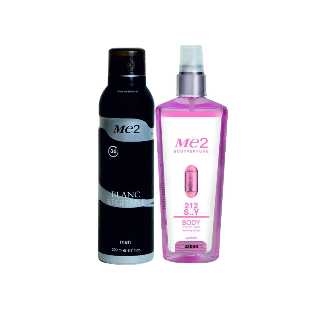 اسپری بدن مردانه می تو مدل بلک افغان حجم 200 میلی لیتر به همراه بادی اسپلش زنانه می تو مدل 212 حجم 250 میلی لیتر