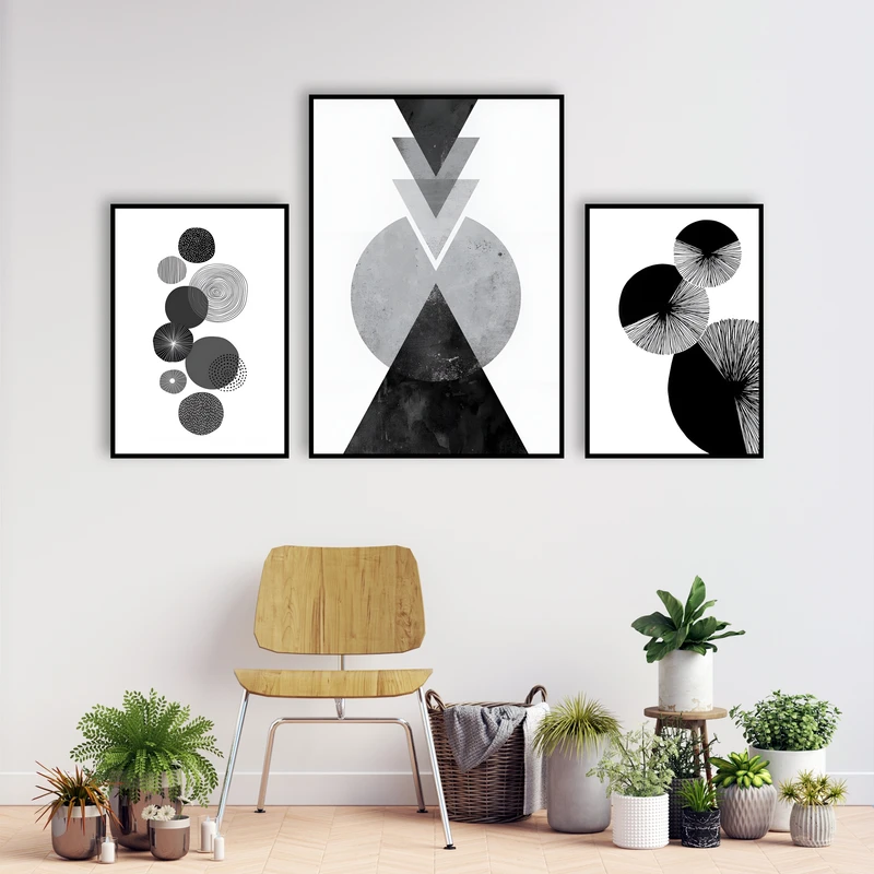 تابلو بکلیت مدل قاب شاسی طرح دکوراتیو مینیمال و هنری کد B-MR-1123  فریم مشکی مجموعه 3 عددی