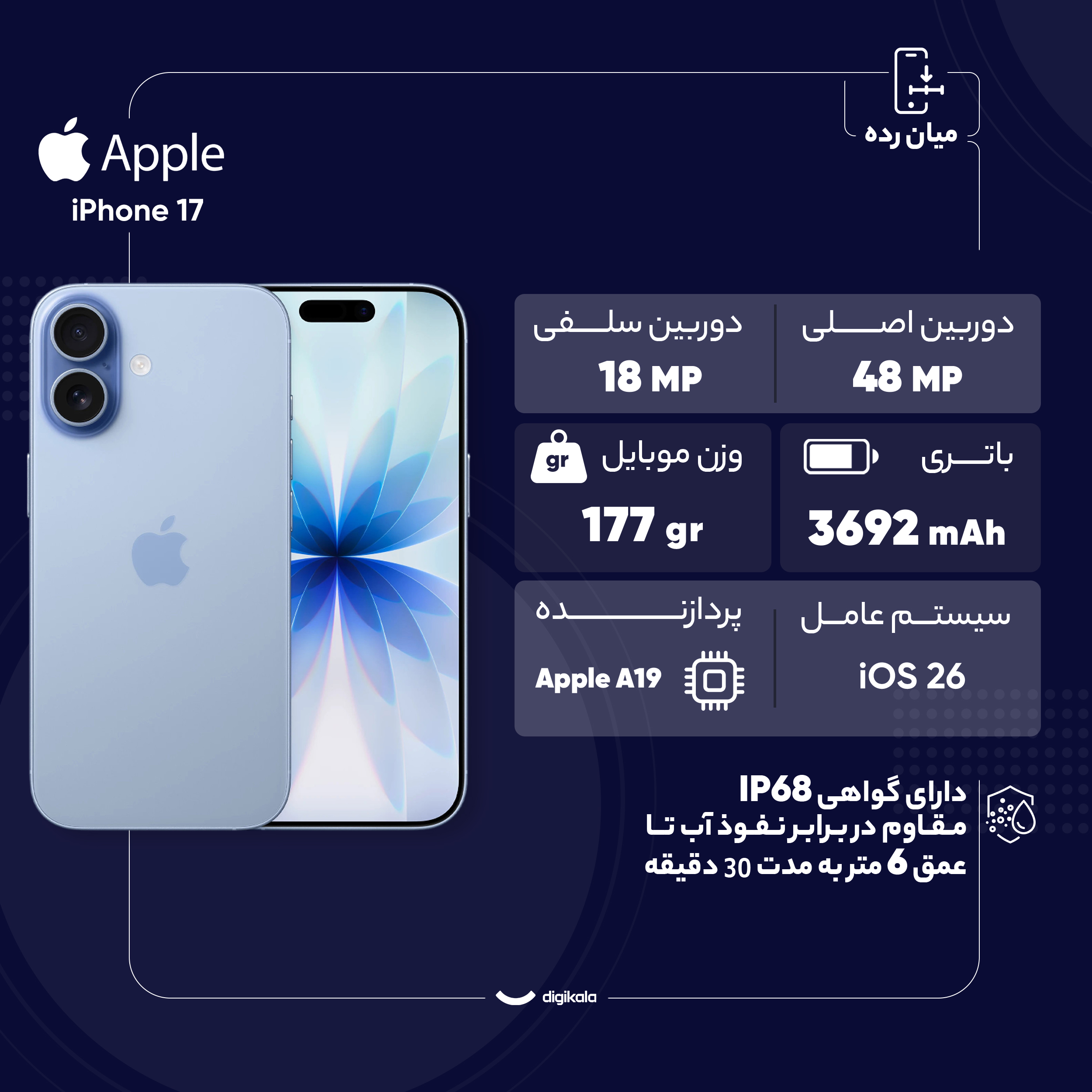 گوشی موبایل اپل مدل iPhone 17 CH دو سیم کارت ظرفیت 256 گیگابایت و رم 8 گیگابایت - نات اکتیو