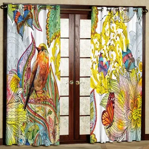 پرده مدل پرنده قناری و گل هازان پانچی کد 2248 سایز 140x200 سانتی متر