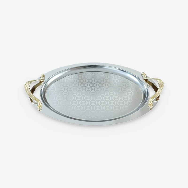 سینی استیل دسته‌دار مدل اوریو بیضی طرح‌دار کد B220 سایز 30*45 سانتی متر 