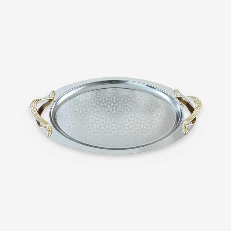 سینی استیل دسته‌دار مدل اوریو بیضی طرح‌دار کد B220 سایز 30*45 سانتی متر 