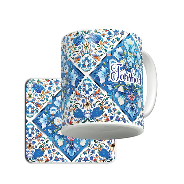 ماگ لاژید مدل اسم فرشاد طرح سنتی به همراه زیر لیوانی