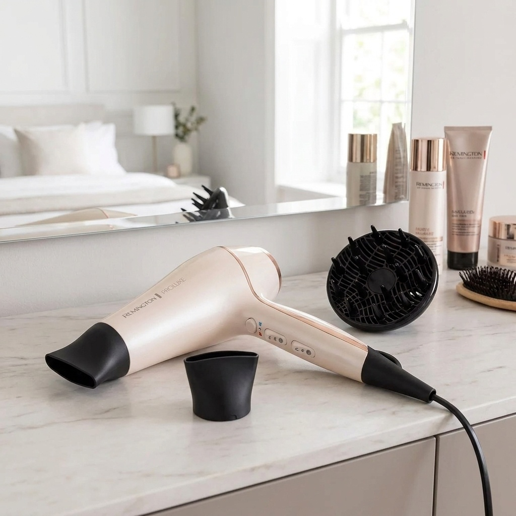 سشوار حرفه‌ای رمینگتون مدل pro luxe با موتور AC 2400 وات، فناوری آیونیک با 90% یون‌دهی بیشتر، فناوری OPTI heat، پرتاب باد 140 کیلومتر بر ساعت، تنظیمات دما سه حالته، تنظیم سرعت دو سرعته، همراه با دیسپانسر و متمرکزکننده باریک و پهن
