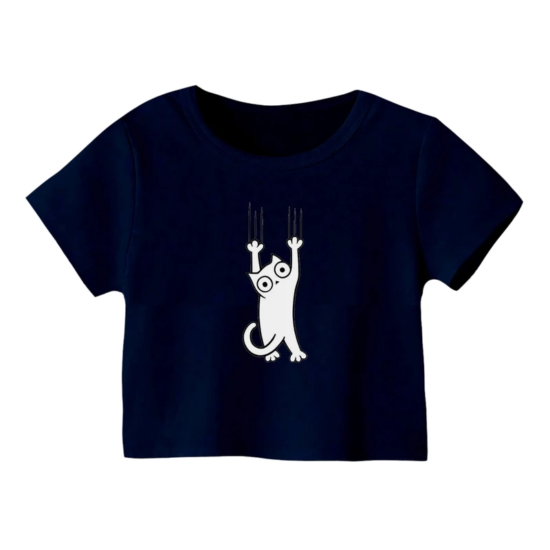 کراپ‌ تی‌شرت آستین کوتاه زنانه مدل گربه کد ۲۴