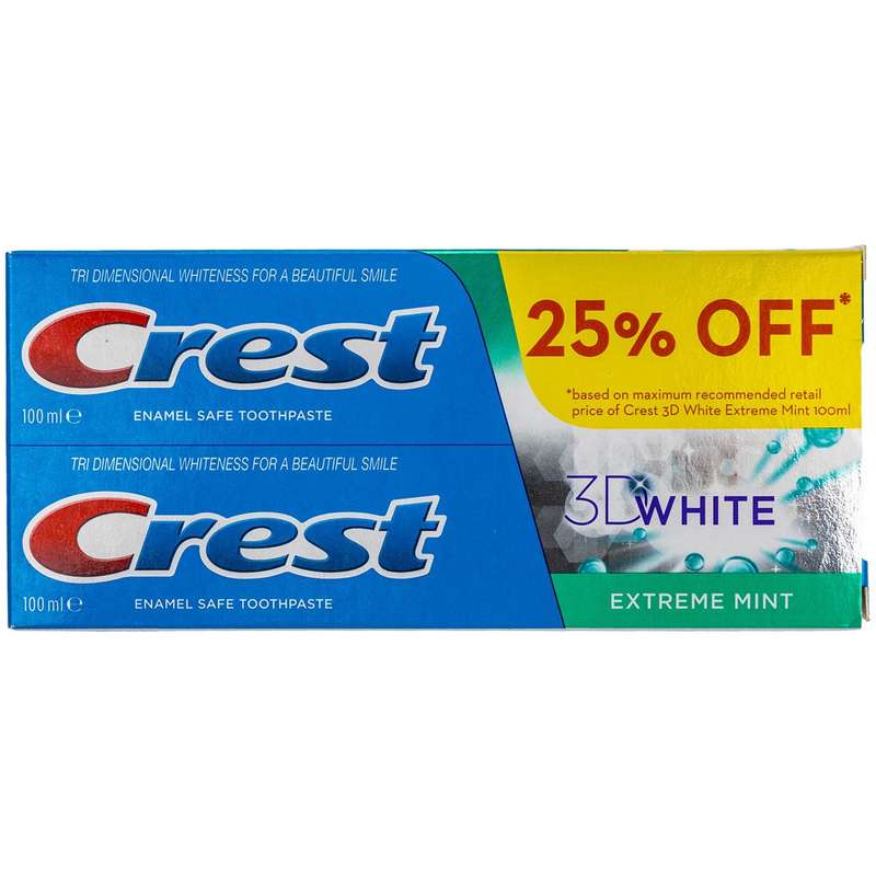 پک خمیر دندان کرست سری 3D White مدل Exterme Mint بسته 2 عددی پک خمیر دندان کرست سری 3D White مدل Exterme Mint بسته 2 عددی