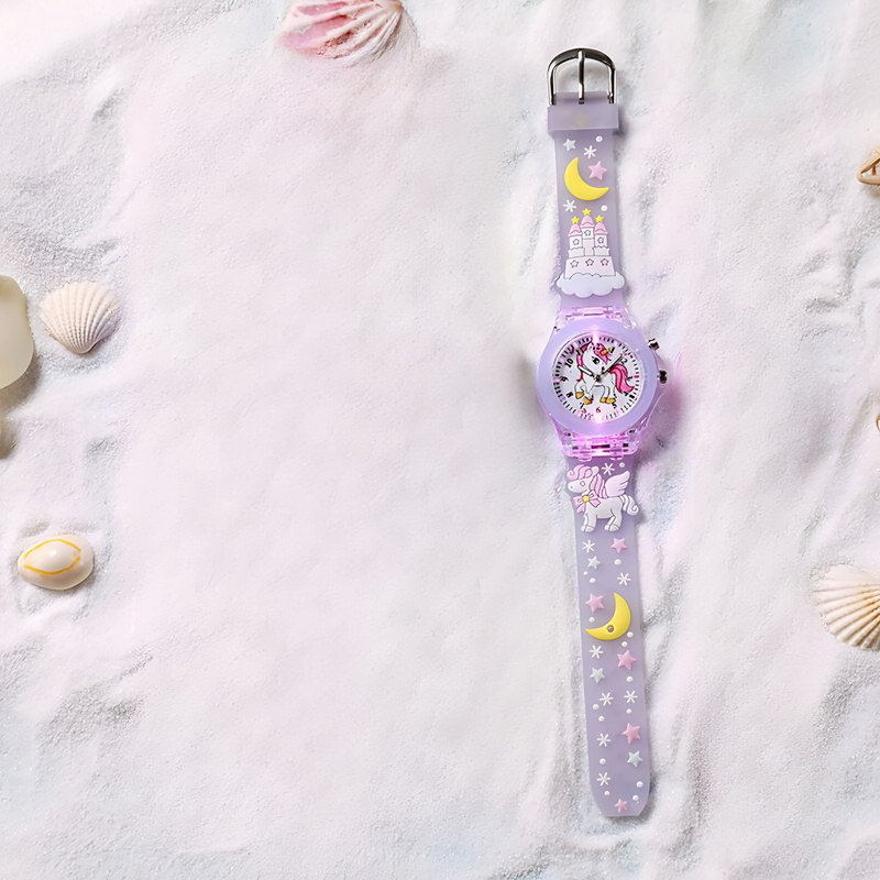 ساعت مچی عقربه‌ای کوارتز بچگانه مدل بند سیلیکونی چراغدار طرح یونیکورن اسب تک شاخ