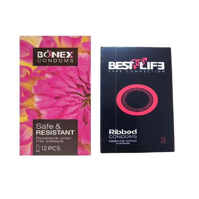کاندوم بونکس مدل Safe & Resistant بسته 12 عددی به همراه کاندوم کاندوم بست لایف مدل Ribbed بسته 12 عددی