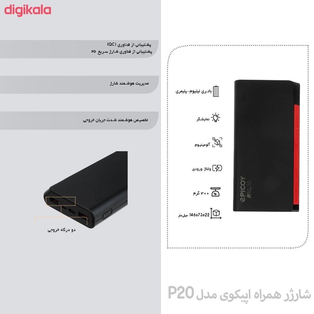 شارژر همراه اپیکوی مدل P20 ظرفیت 20000 میلی آمپر ساعت main 1 8