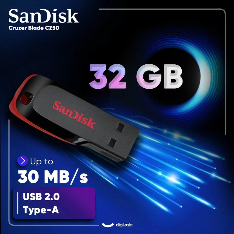 عکس شماره 2 : فلش مموری سن دیسک cruzer blade cz50 ظرفیت 32 گیگابایت با رابط usb 2.0، سرعت انتقال 30 مگابایت بر ثانیه، طراحی بدون درپوش و بدنه مات مقاوم در برابر لک و اثر انگشت، دارای شیار اتصال بند و نرم افزار امنیتی