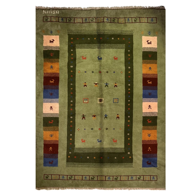 گبه دستبافت قشقایی سه متری زمینه سبز کد NKP.RJ140