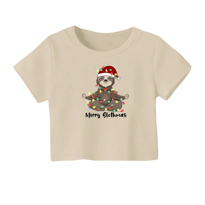 کراپ‌ تی‌شرت آستین کوتاه زنانه مدل تنبل کریسمس