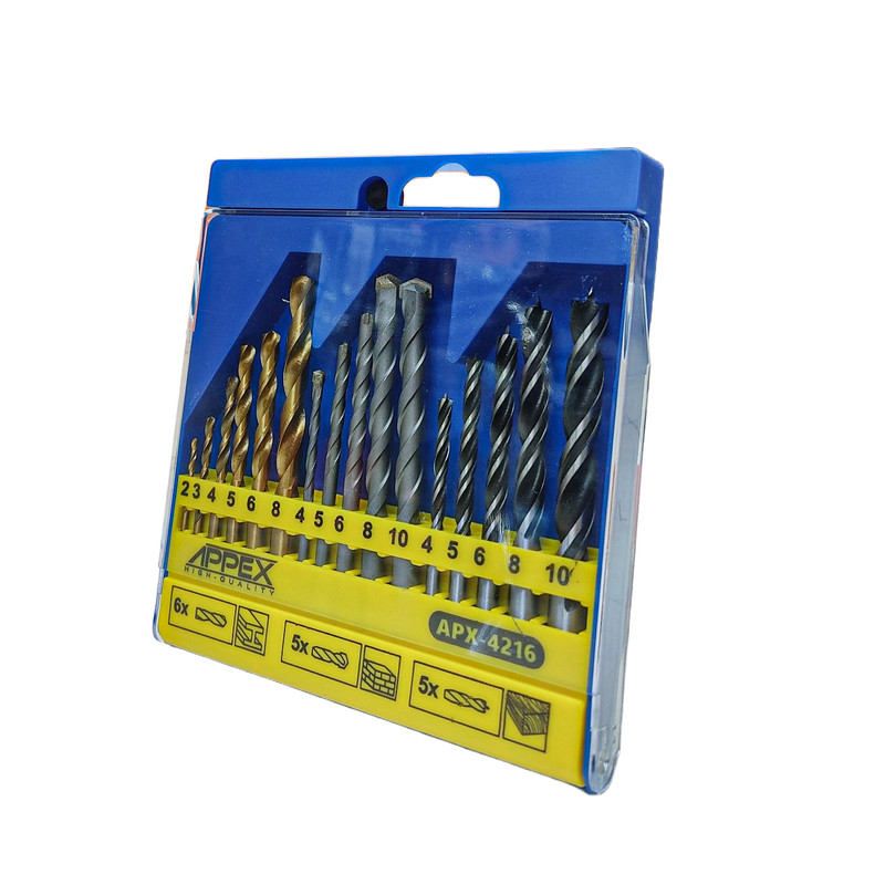 مته الماسه، آهن و چوب اپکس مدل APX-4216 سایز 2 تا 10 میلی متر مجموعه 16 عددی